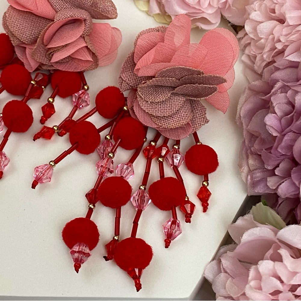 Boho Pink Rose Long Dangling Pom Pom Tassel Earrings - Picture 8 of 16